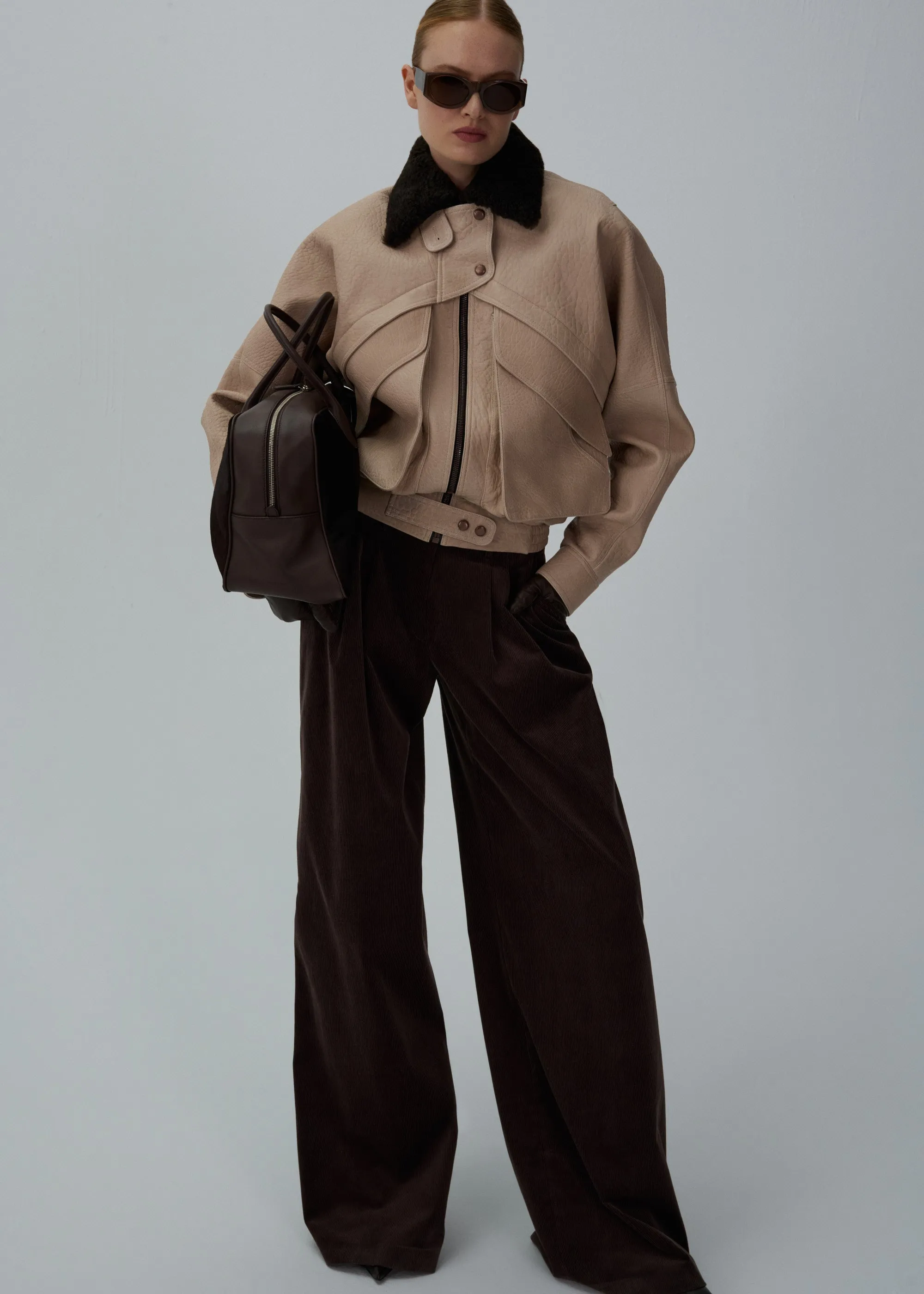 Wide-leg tailored corduroy pants in brown