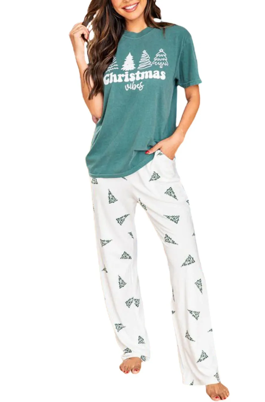 Women's Pajama Set Christmas Tree Print Tee and Pants Lounge Set